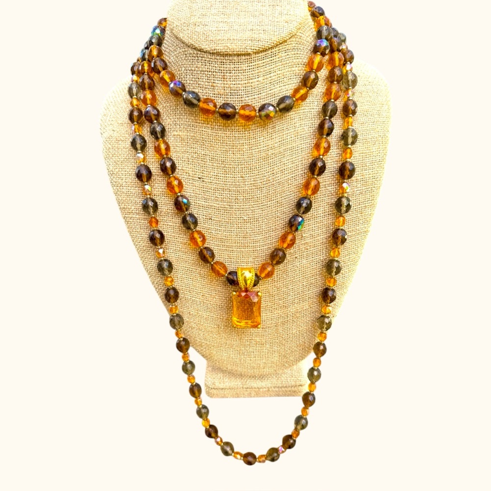 JOAN RIVERS 2 Strand Amber Topaz Crystal Bead Necklaces w/ Enhancer Adjustable